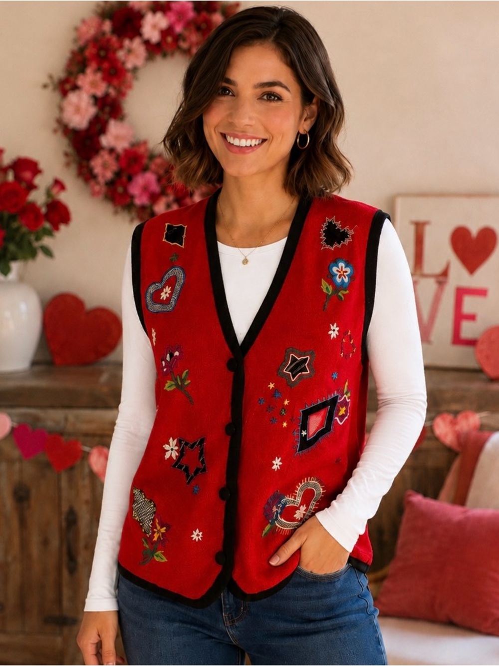 Ladies Napa Valley Felted Red Wool Vest Hearts Flowers Valentines Love Size S